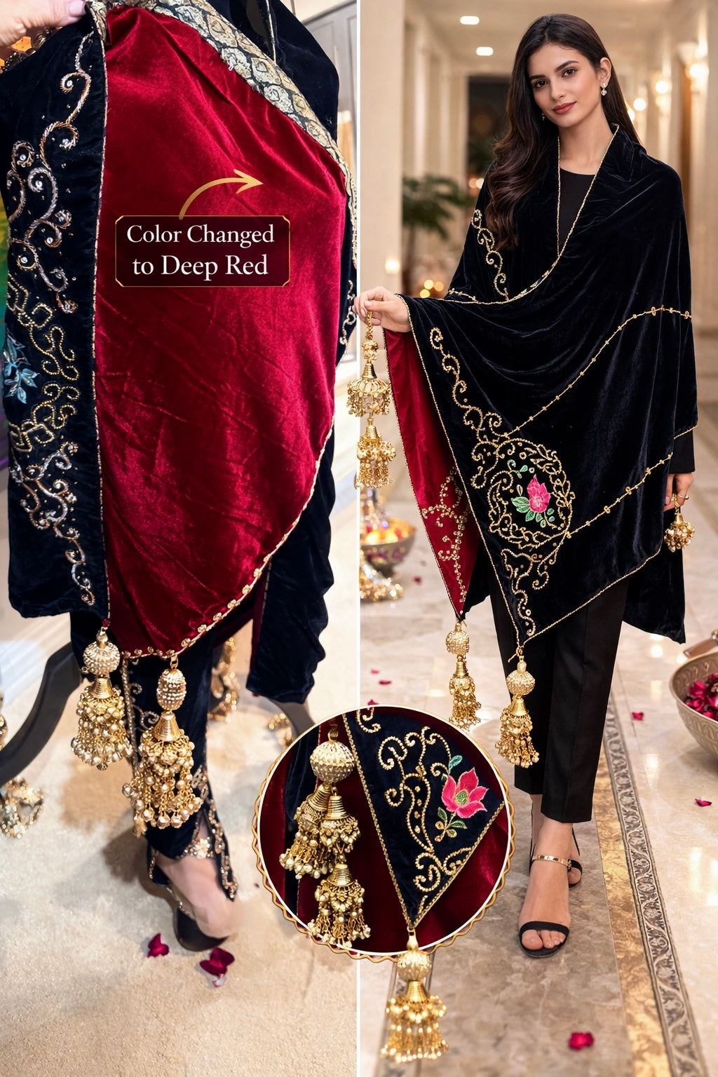 Velvet Shawl with Deep Red Silk Lining