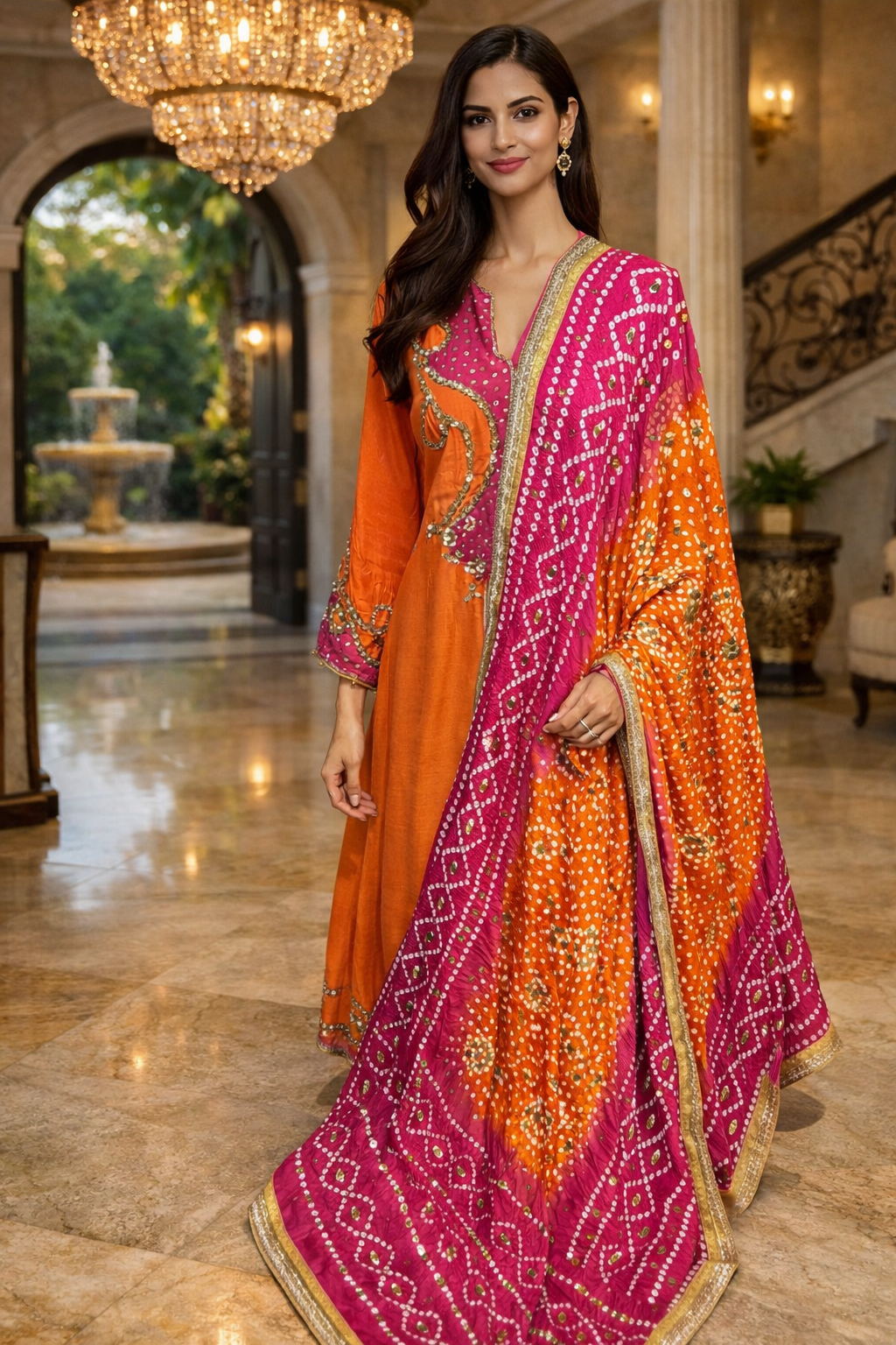 Sheesha Silk Zardozi Outfit - Pink & Orange