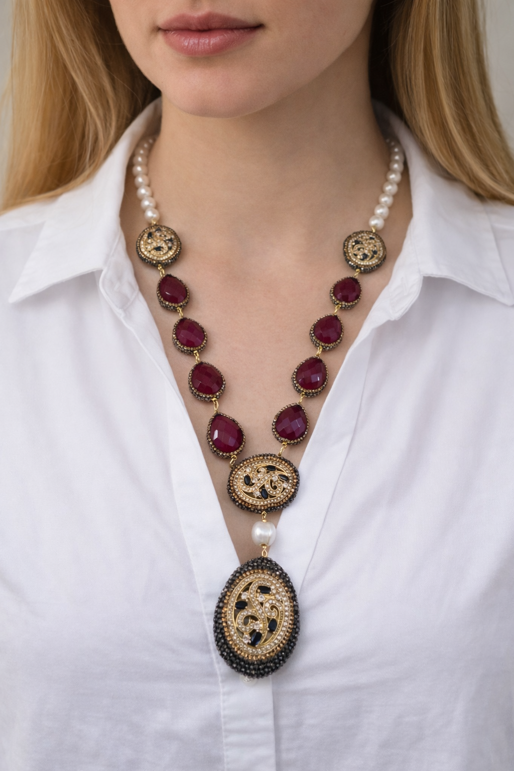 Ruby & Pearl Statement Necklace