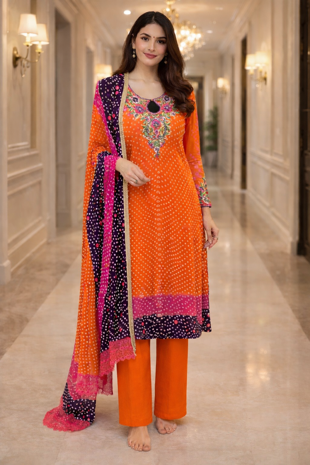 Chiffon Chunri Suit - Orange & Pink