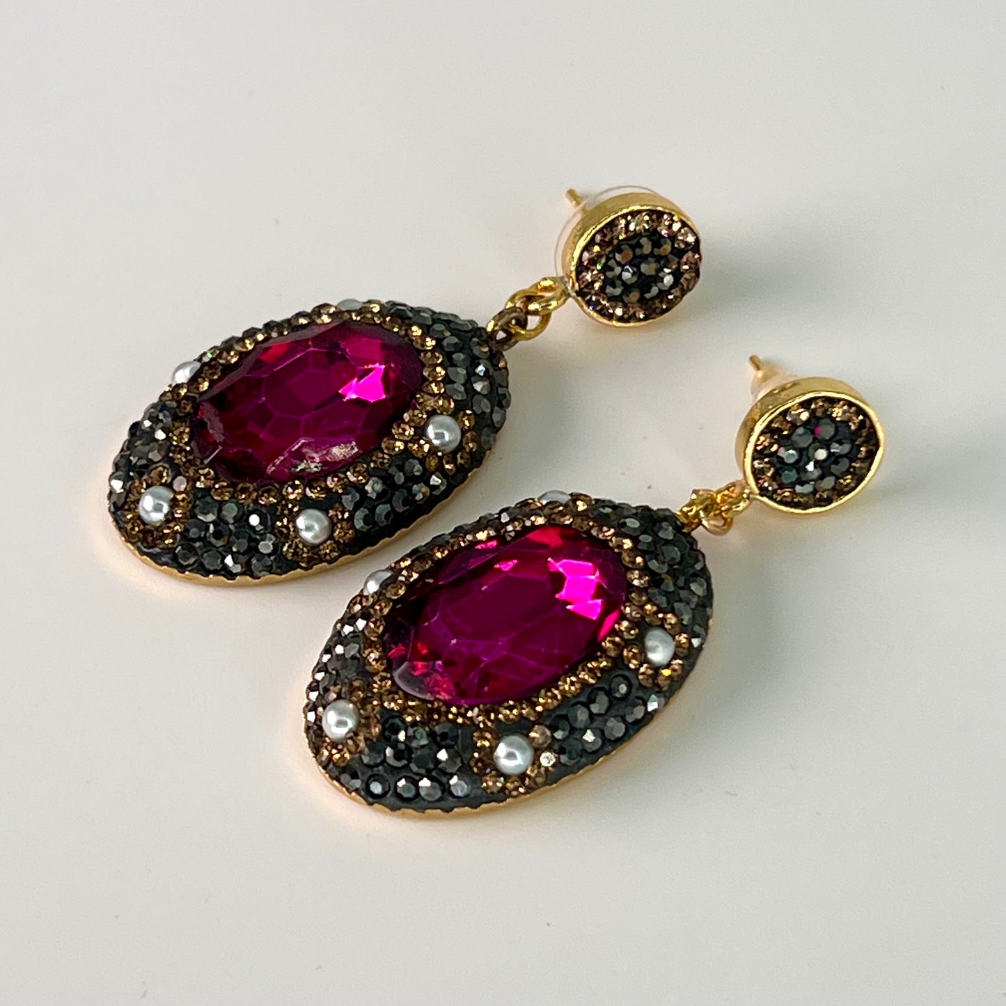 Pearl Marcasite Magenta Earrings