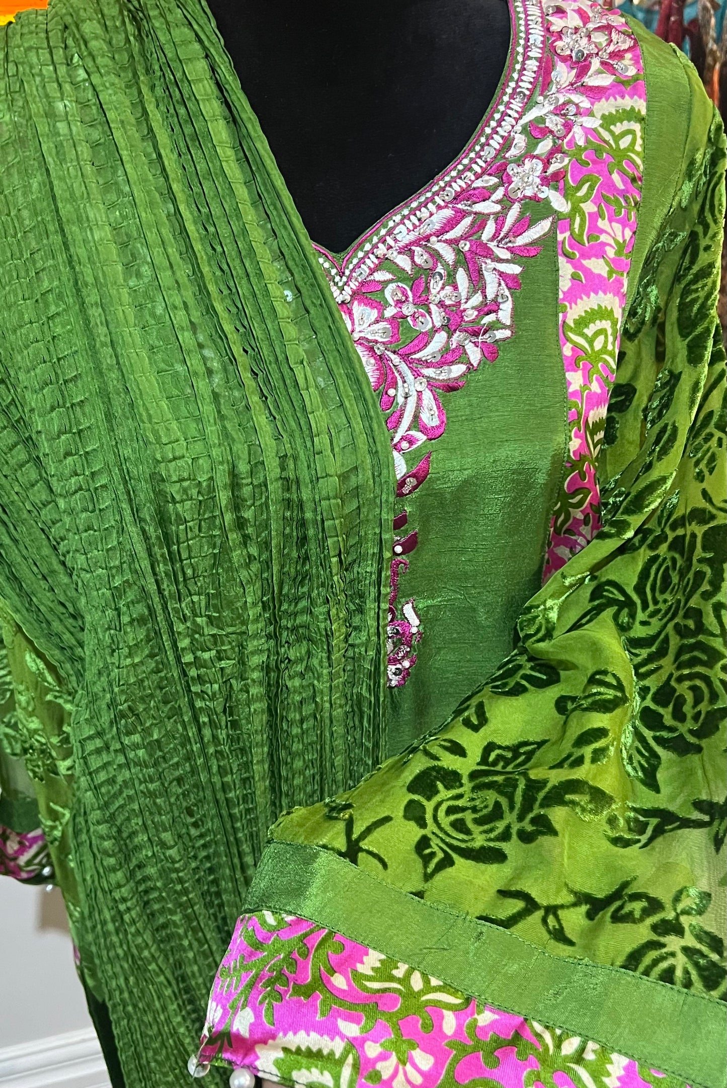 Rawsilk Suit with Block Print & Embroidery