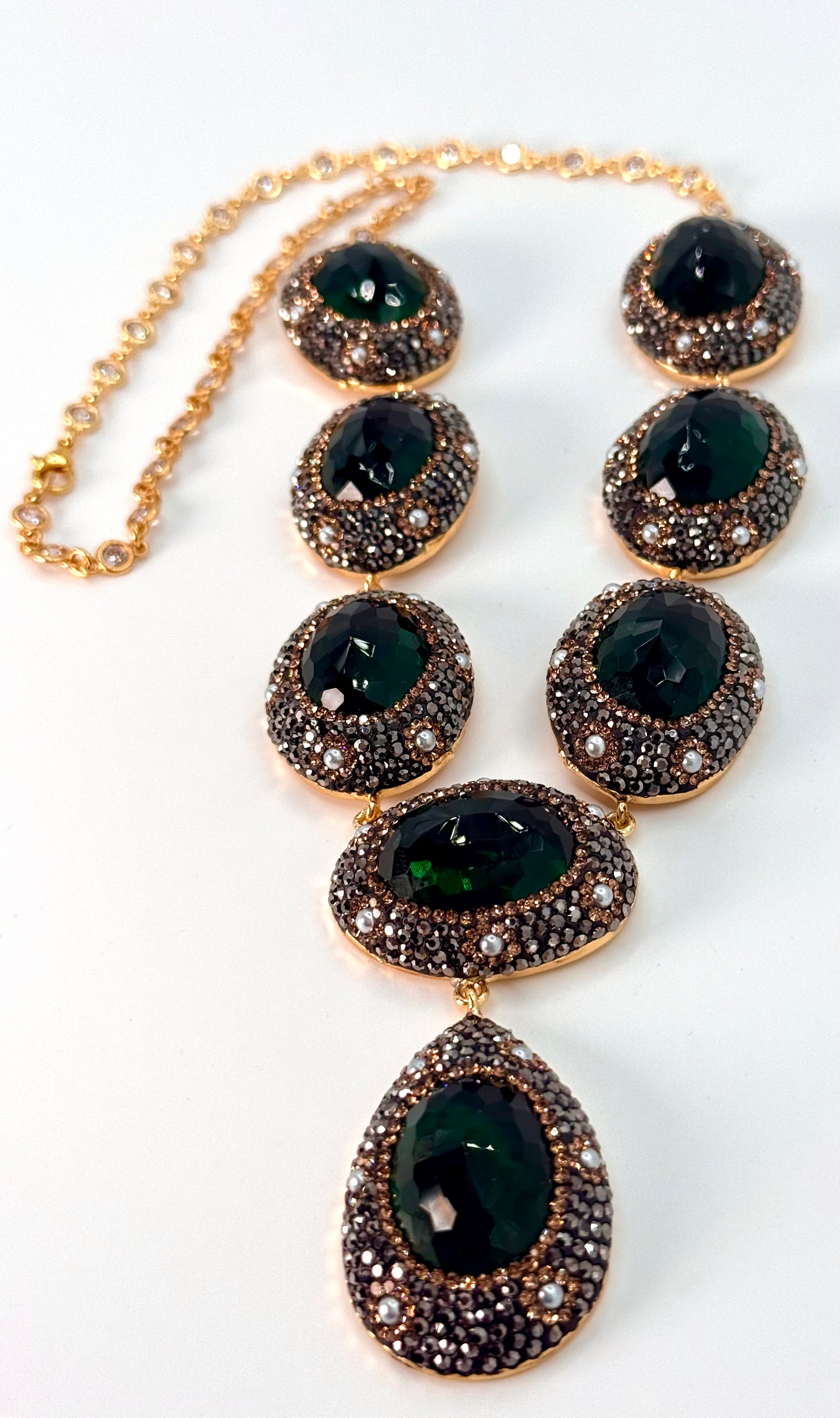 Emerald Crystal Statement Necklace with mother of pearls accent