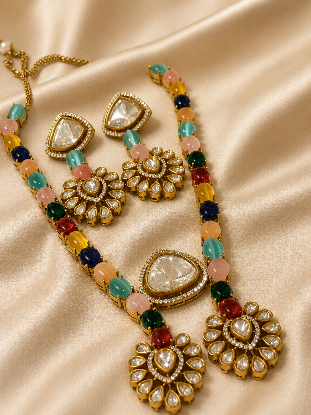 Kundan Polki Necklace and Earring Set with multicolour cabochon chain