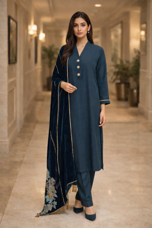 Teal Velvet Shawl with Raw Silk Suit
