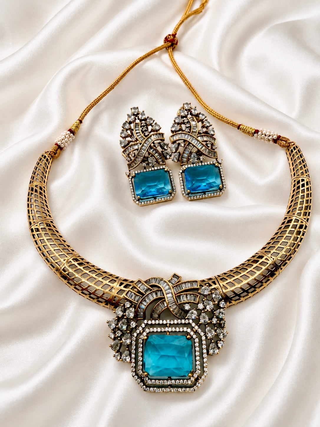 Turquoise & Gold with Baguette Necklace Set