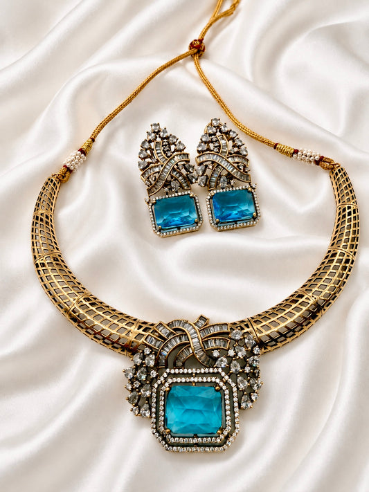 Turquoise & Gold with Baguette Necklace Set