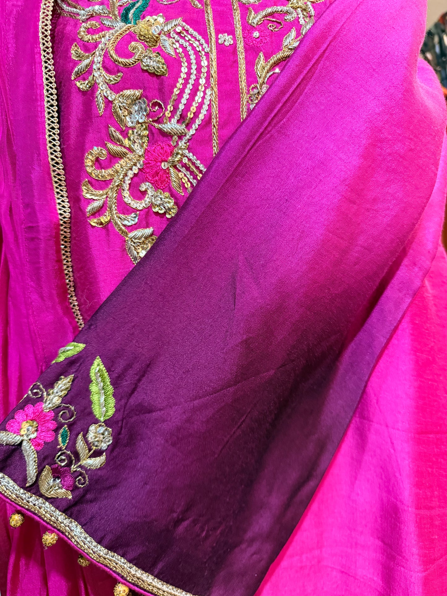 Pure Sheesha Silk Pink with Burgundy Suit
