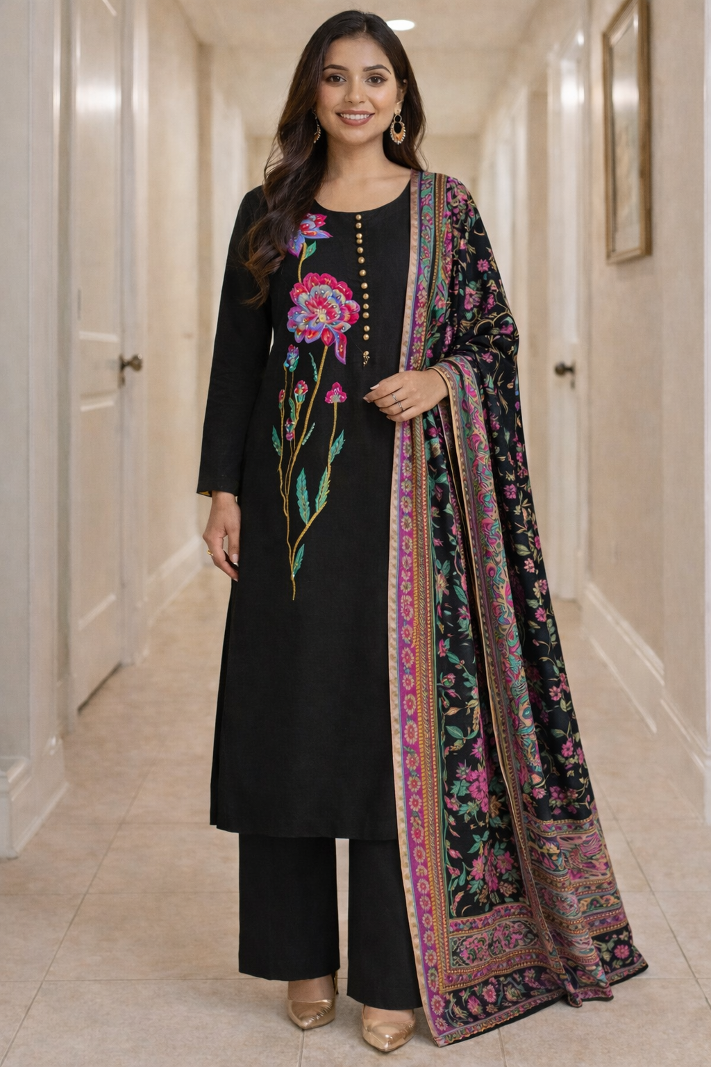Black Floral Embroidered Suit