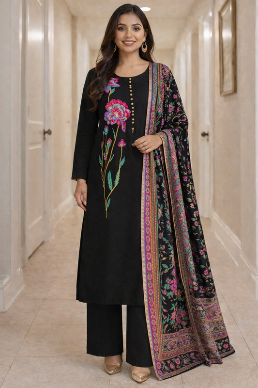 Black Floral Embroidered Suit