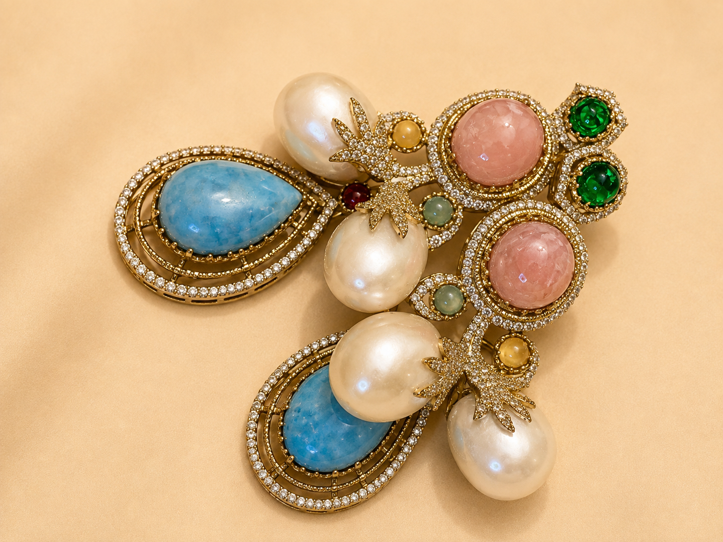 Deep emerald cabochon and baroque pearl gold drop earrings