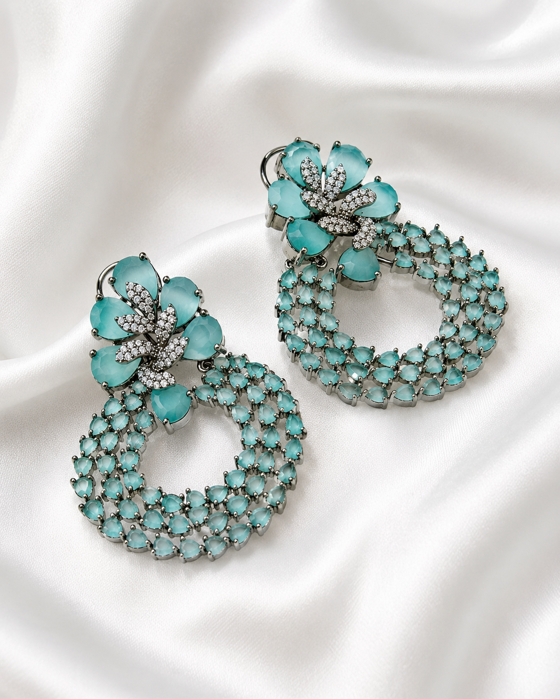 Black Crystal Floral Hoop Earrings