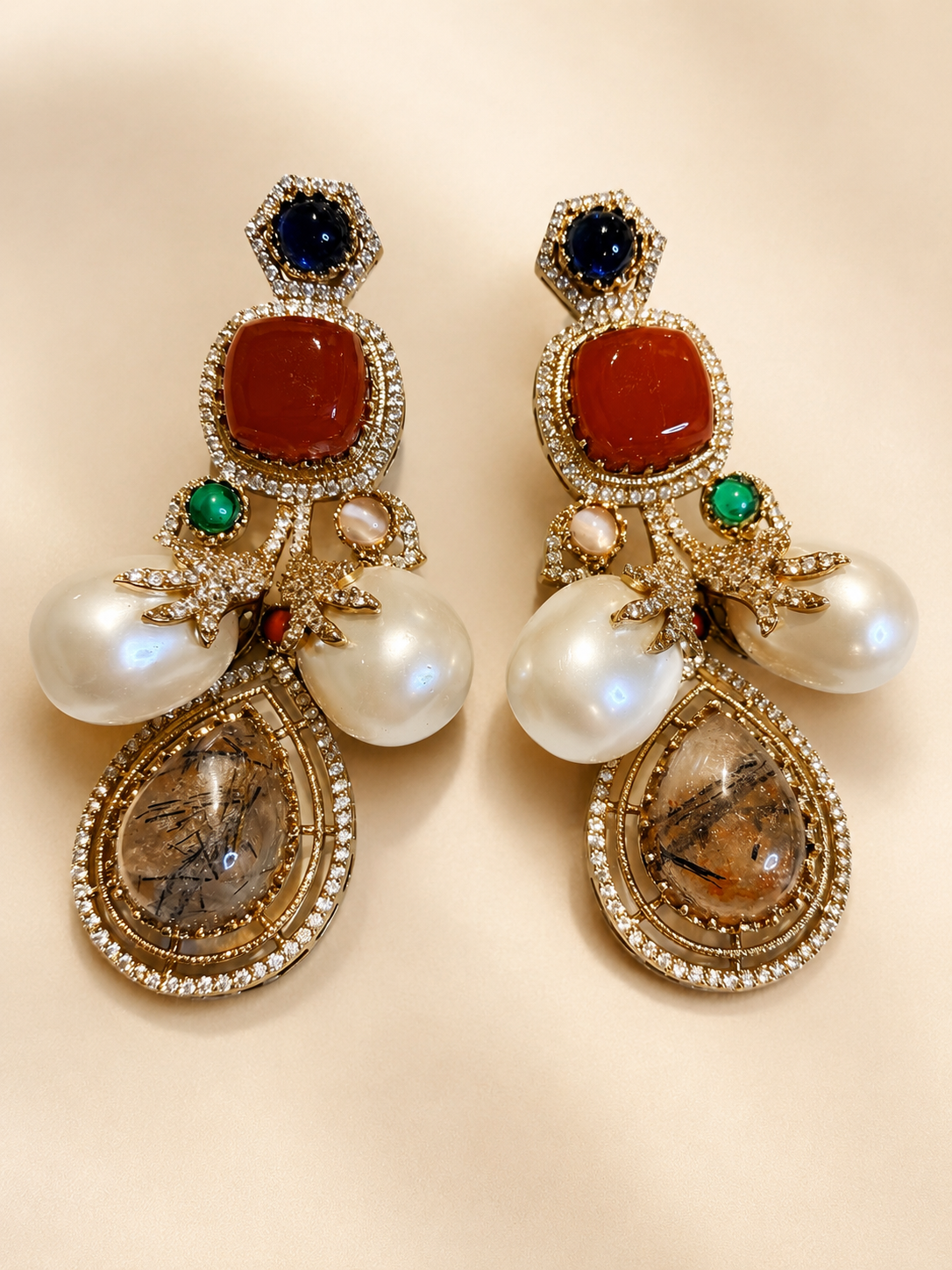 Turquoise and rose quartz baroque pearl gold drop earrings