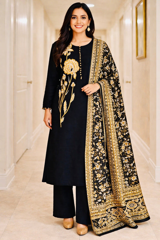 Black & Gold Floral Embroidered Suit
