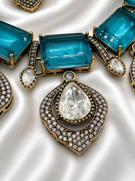 Turquoise  doublet  Antique Necklace Set with Polki