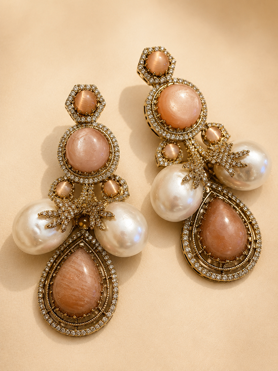 Coffee peach moonstone and baroque pearl gold drop earrings