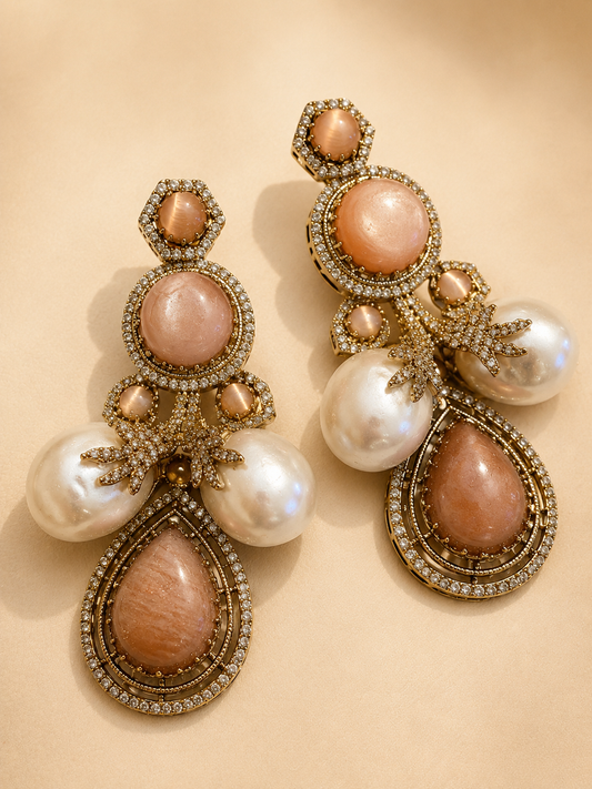 Coffee peach moonstone and baroque pearl gold drop earrings