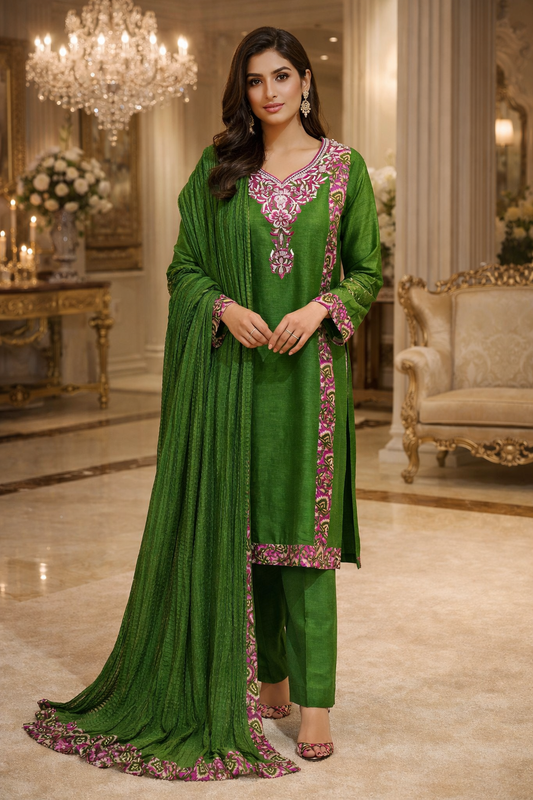 Rawsilk Suit with Block Print & Embroidery