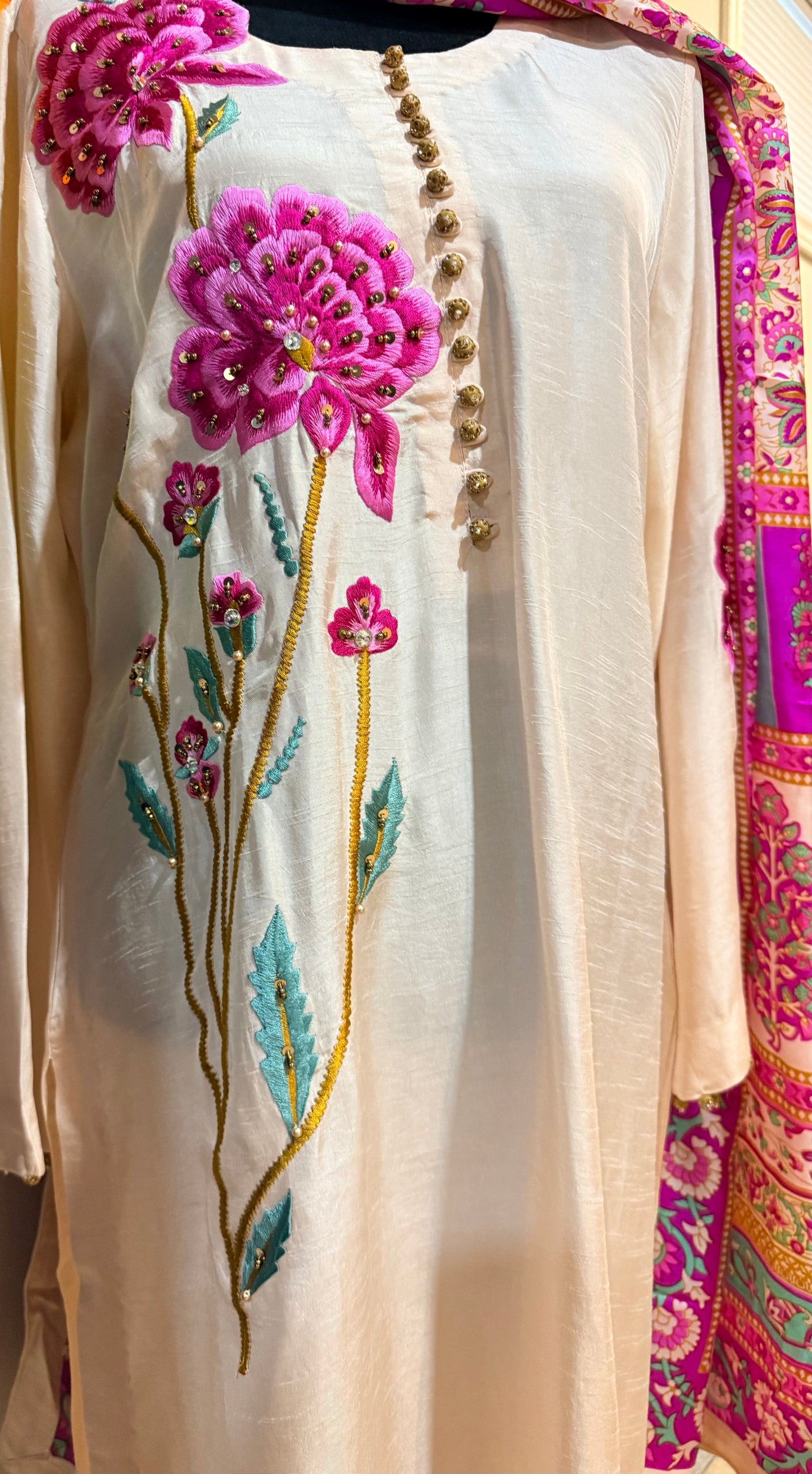Peachy ivory Floral Embroidered Suit
