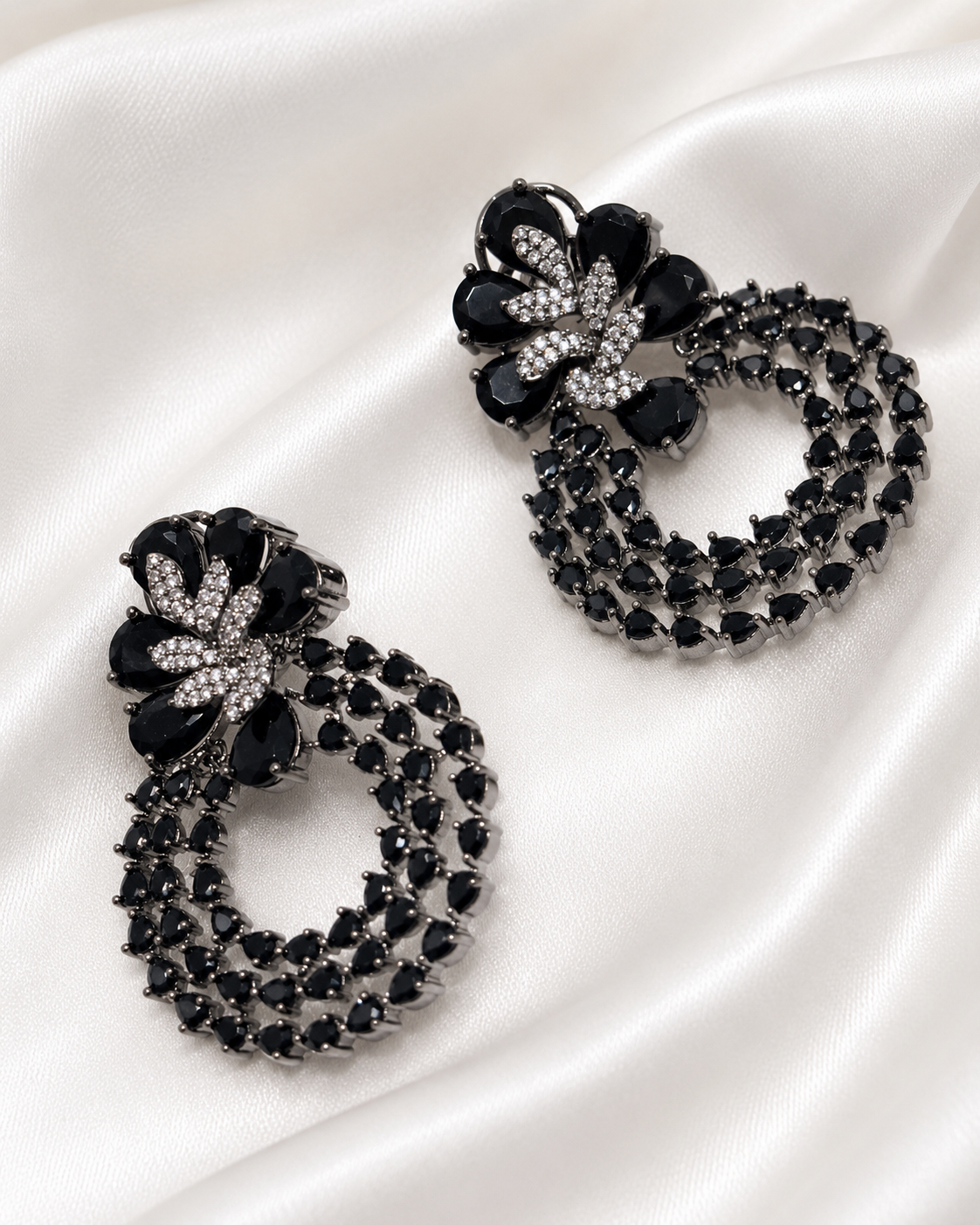 Black Crystal Floral Hoop Earrings