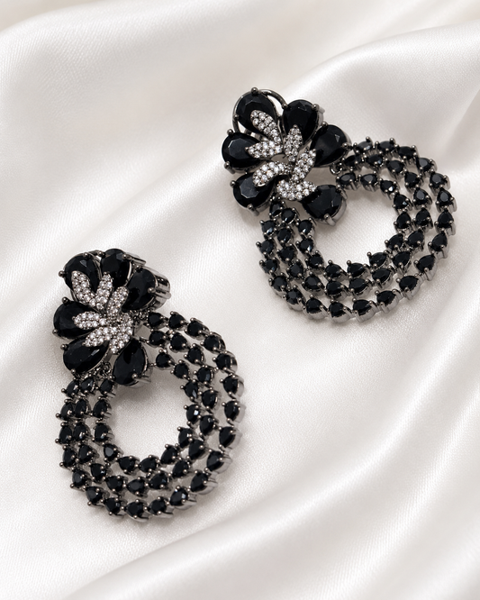 Black Crystal Floral Hoop Earrings