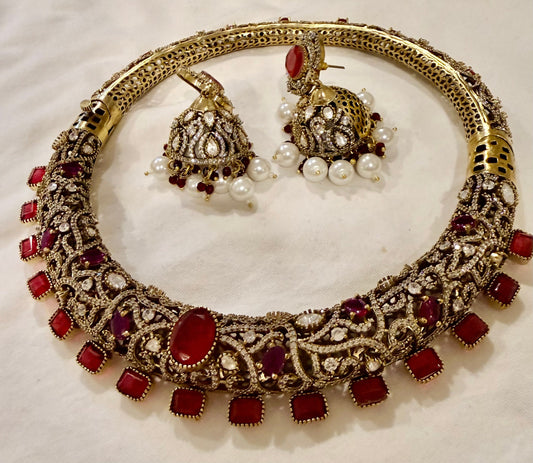 Gold-Tone Ruby Necklace & Jhumka Set