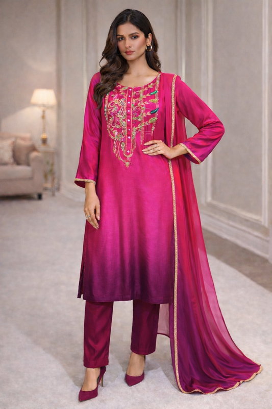 Pure Sheesha Silk Pink with Burgundy Suit