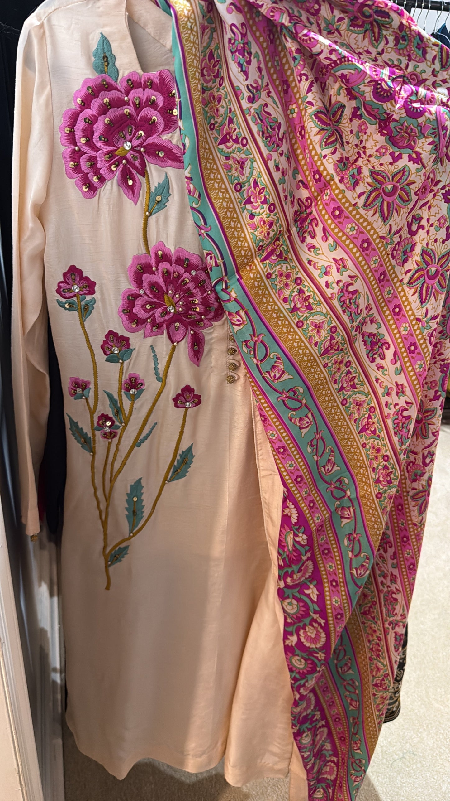 Peachy ivory Floral Embroidered Suit