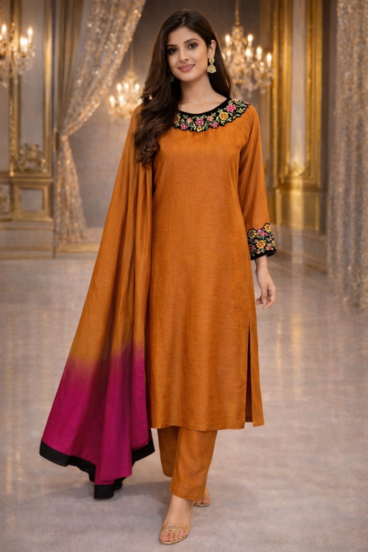 Luxury Raw Silk Ensemble with Pure Silk Dupatta