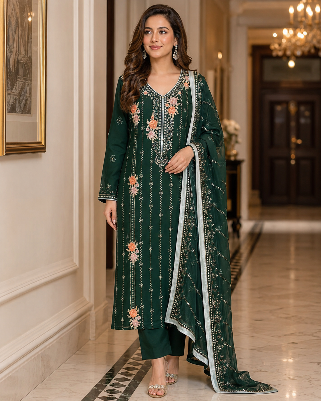 Emerald Green Embroidered Chiffon Suit