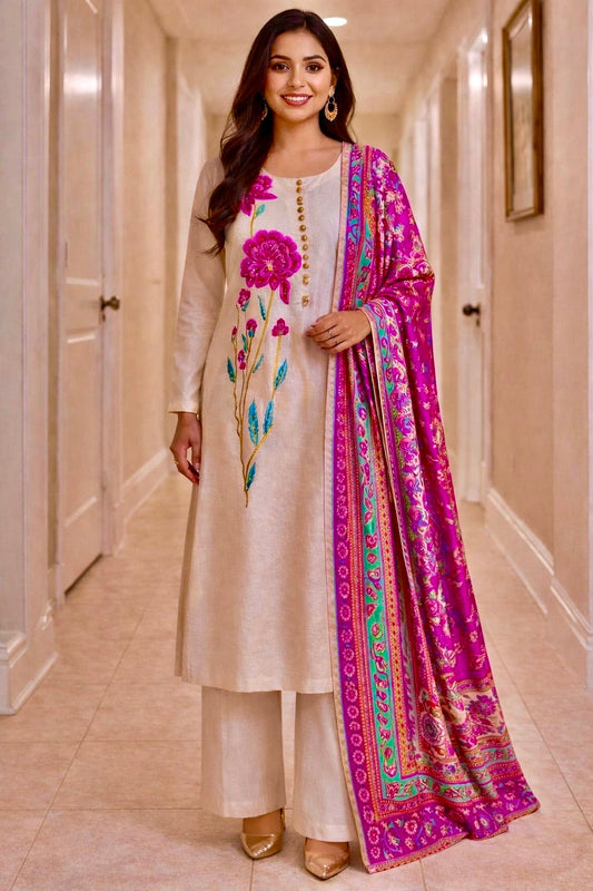 Peachy ivory Floral Embroidered Suit