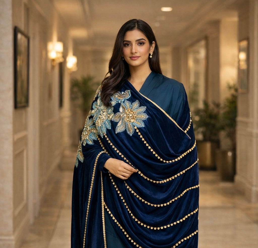 Teal Velvet Shawl with Raw Silk Suit Large