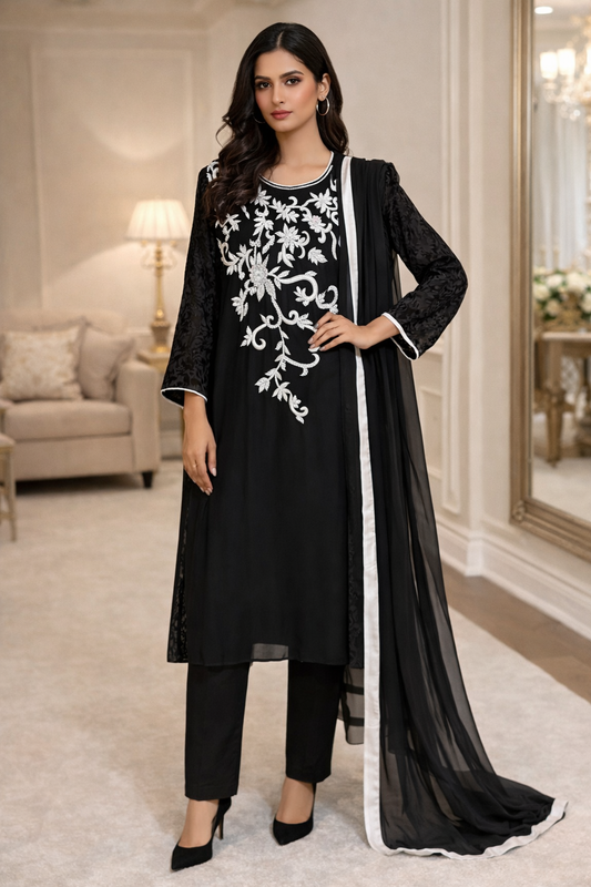 Embroidered Black Chiffon Dress