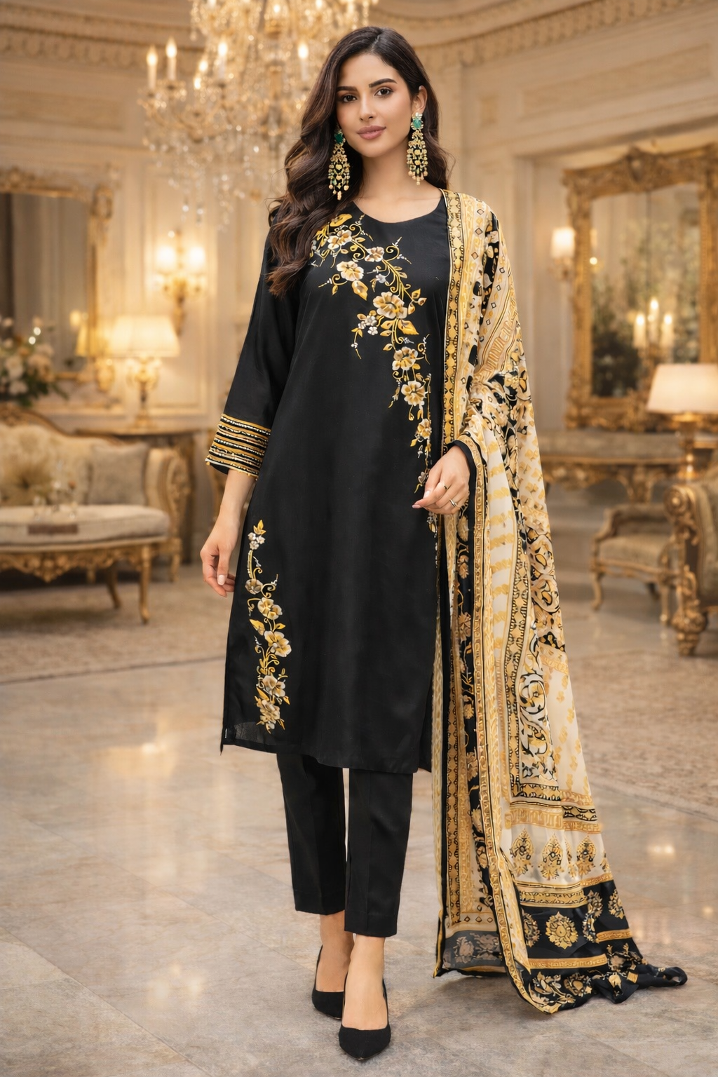 Raw Silk Embroidered Suit - Black & Gold