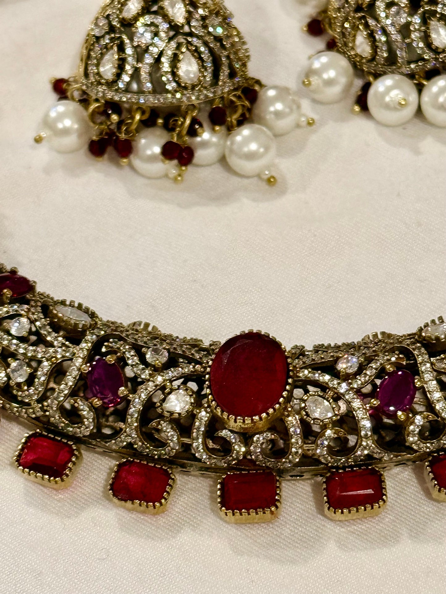Gold-Tone Ruby Necklace & Jhumka Set