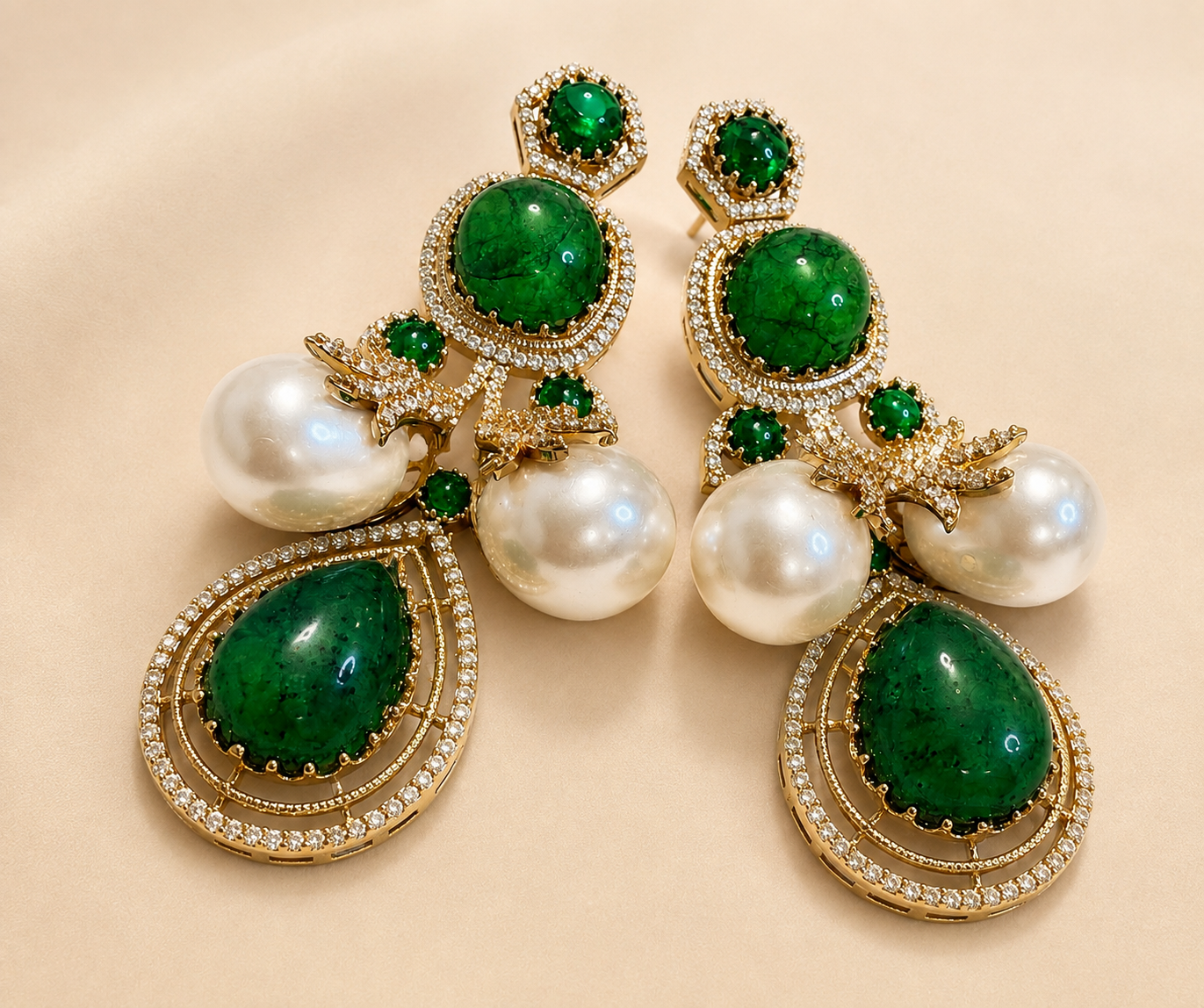 Mint amazonite cabochon and baroque pearl gold drop earrings