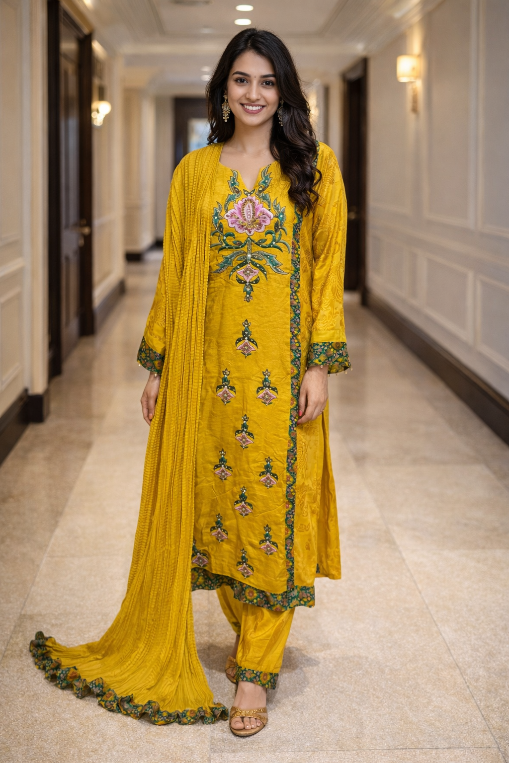 Regal Mustard Formal Suit with Crushed Dupatta