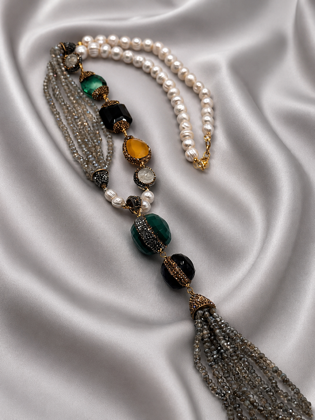 Grey Beaded Natural Stone Necklace