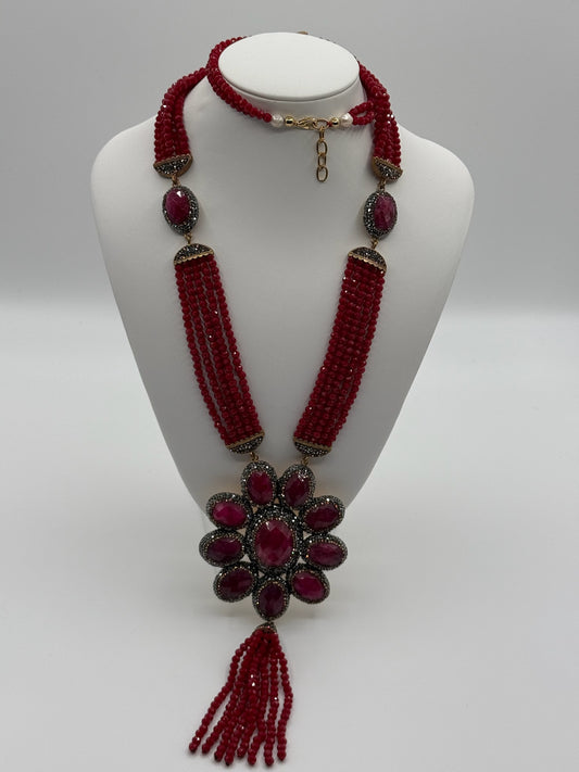 Ruby Gem Flower Necklace Set