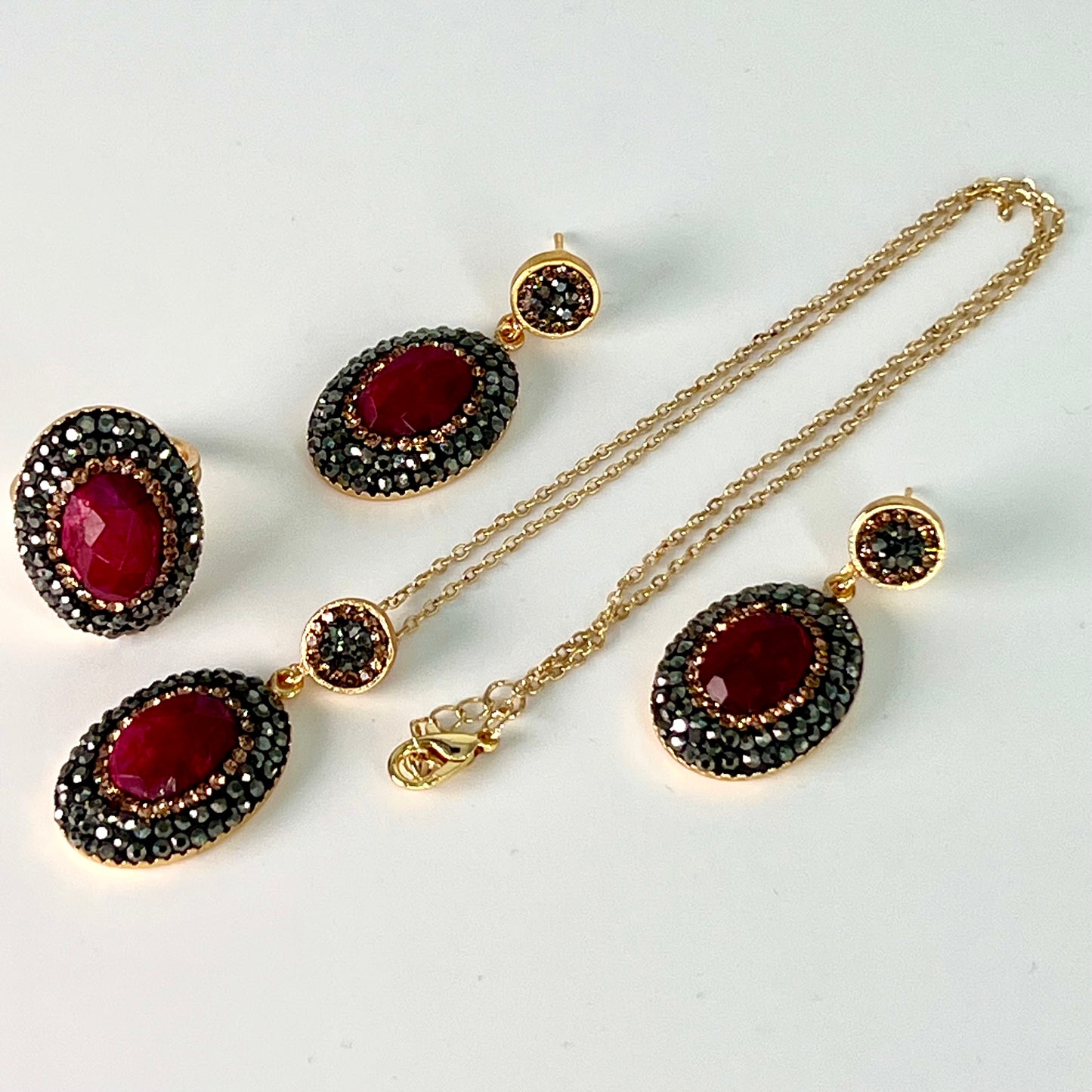 Ruby Marcasite Four-Piece Locket Set