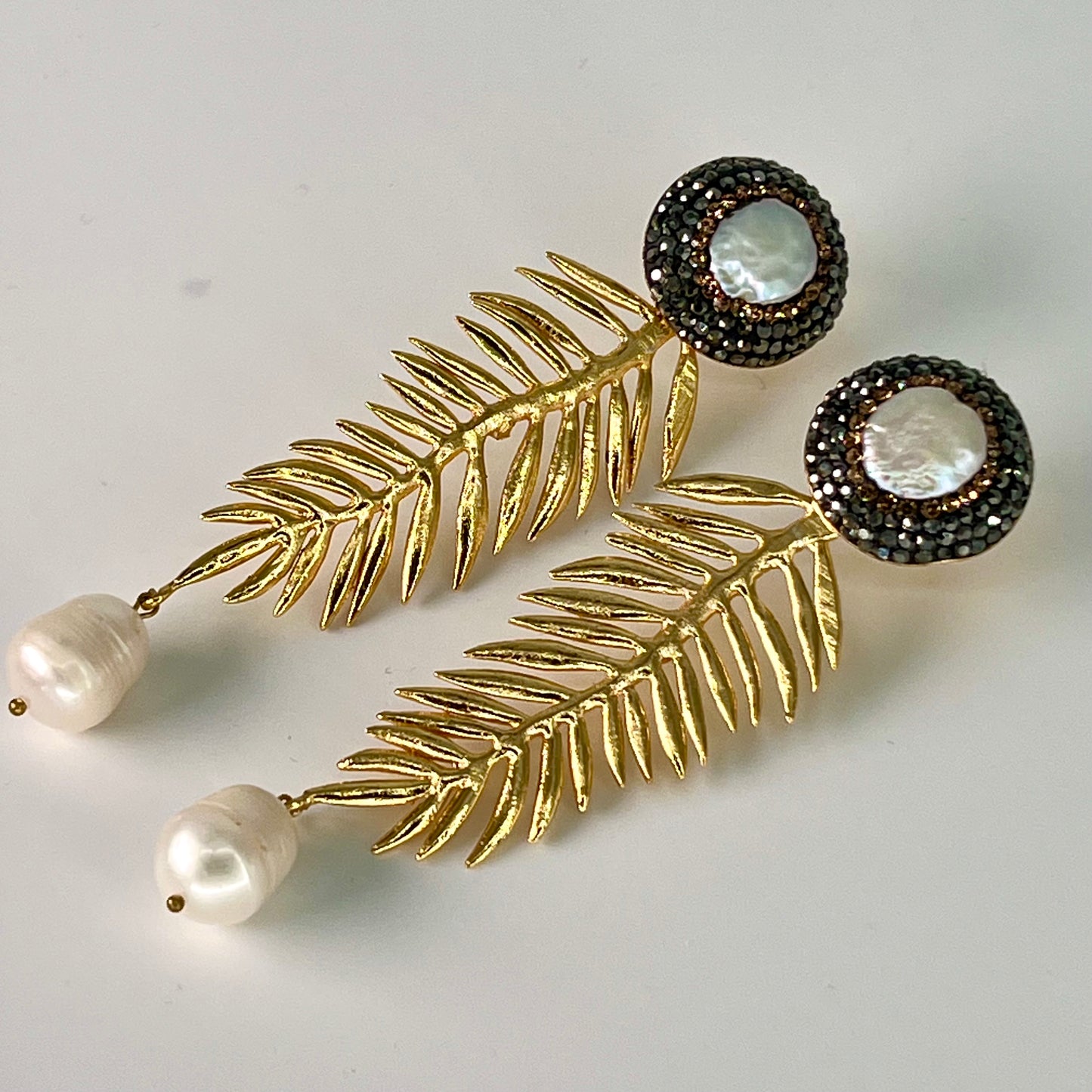 Contemporary Gold Pearl Leaf Earrings