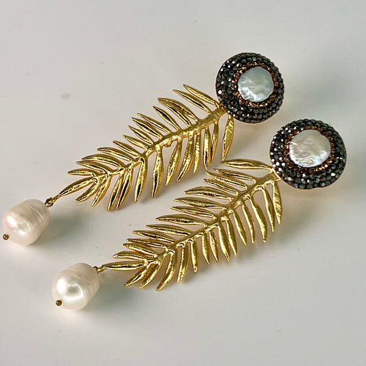 Contemporary Gold Pearl Leaf Earrings
