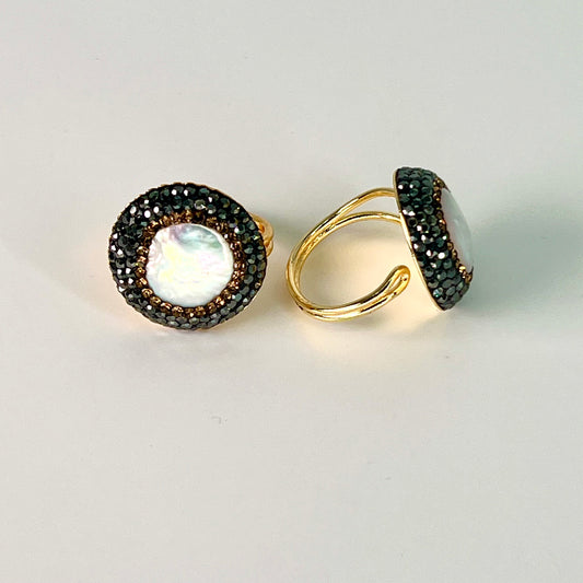 Pearl Ring with Black Marcasites