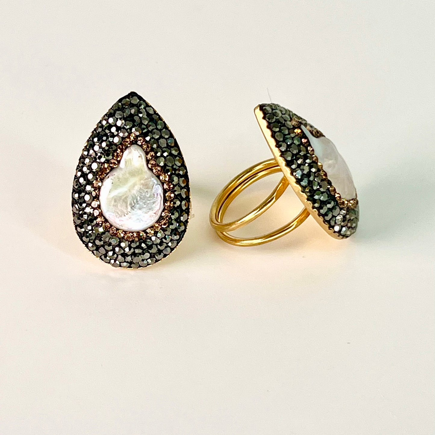 Pearl Ring with Black Marcasites
