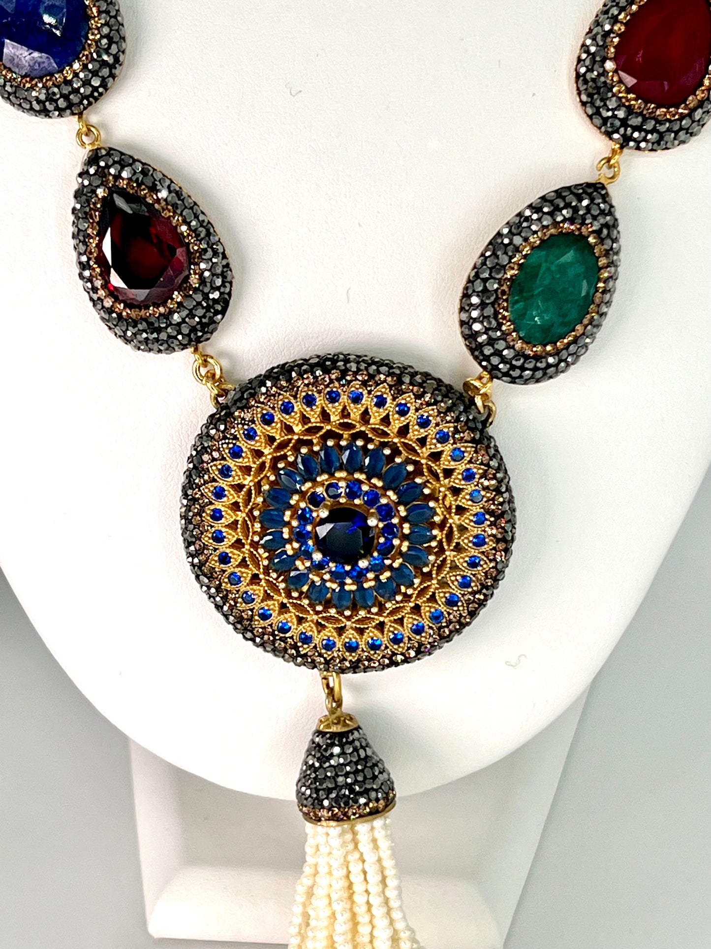 Gemstone Medallion Tassel Necklace