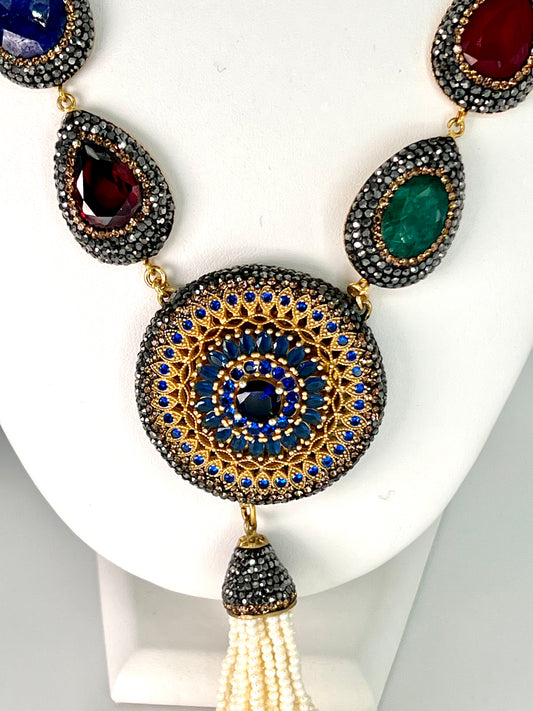 Gemstone Medallion Tassel Necklace