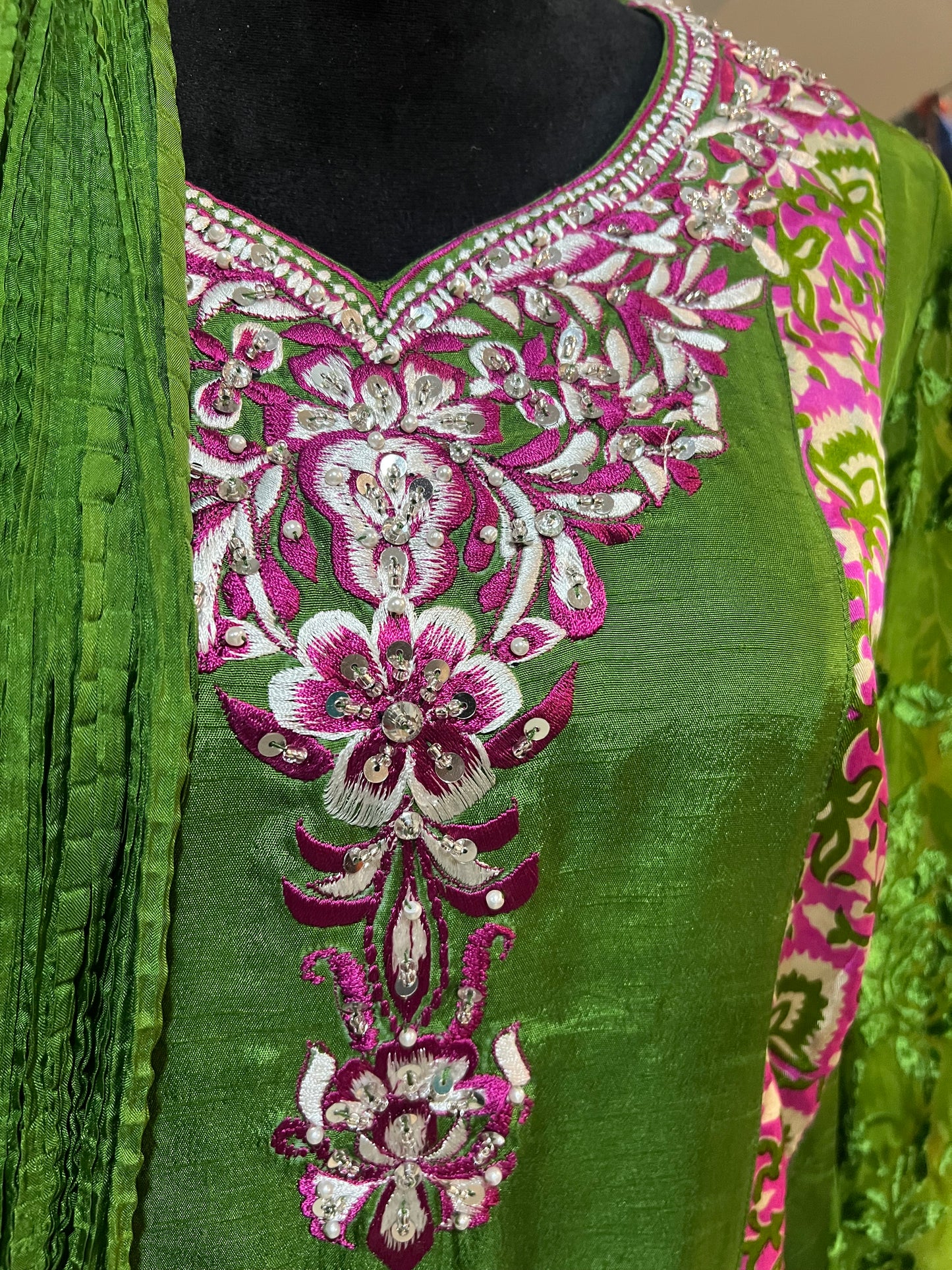 Rawsilk Suit with Block Print & Embroidery