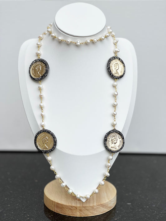 Turkish Golden Shores Necklace: Handcrafted Mother of Pearls and Gilded Coins