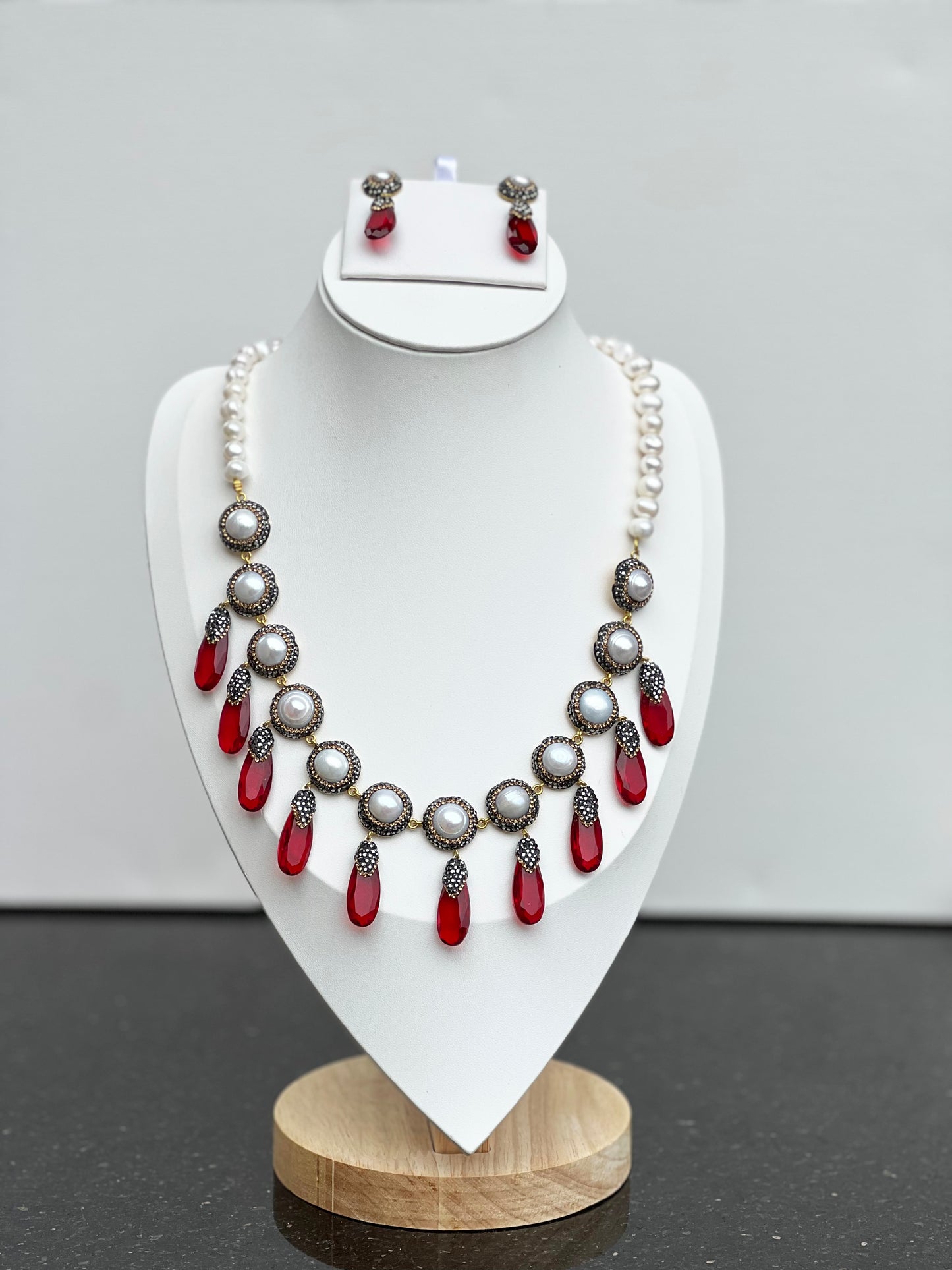 Turkish Pearl and Ruby Elegance Jewelry Set