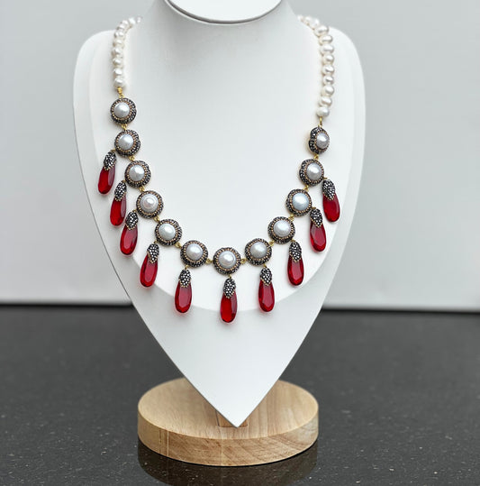 Turkish Pearl and Ruby Elegance Necklace